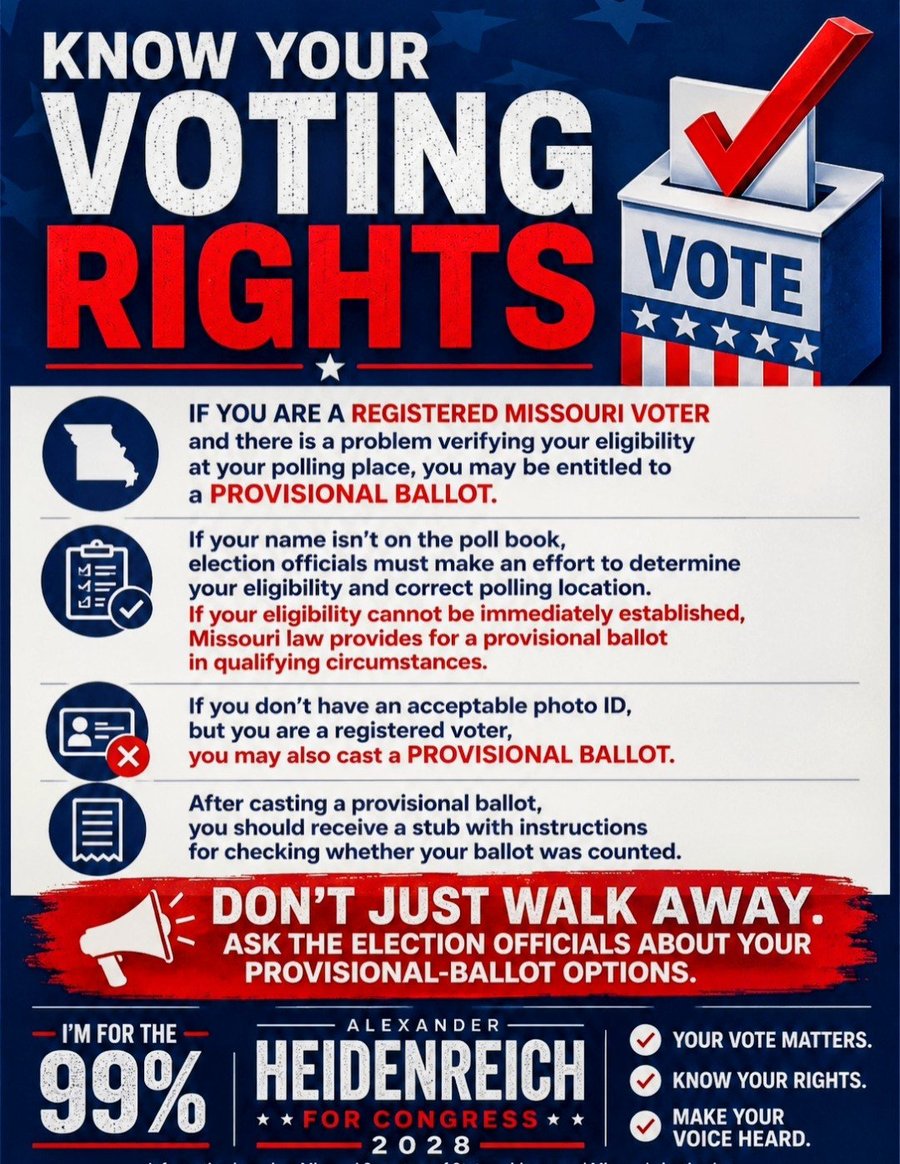 Know your voting rights in Missouri — Heidenreich for Congress 2028 poster